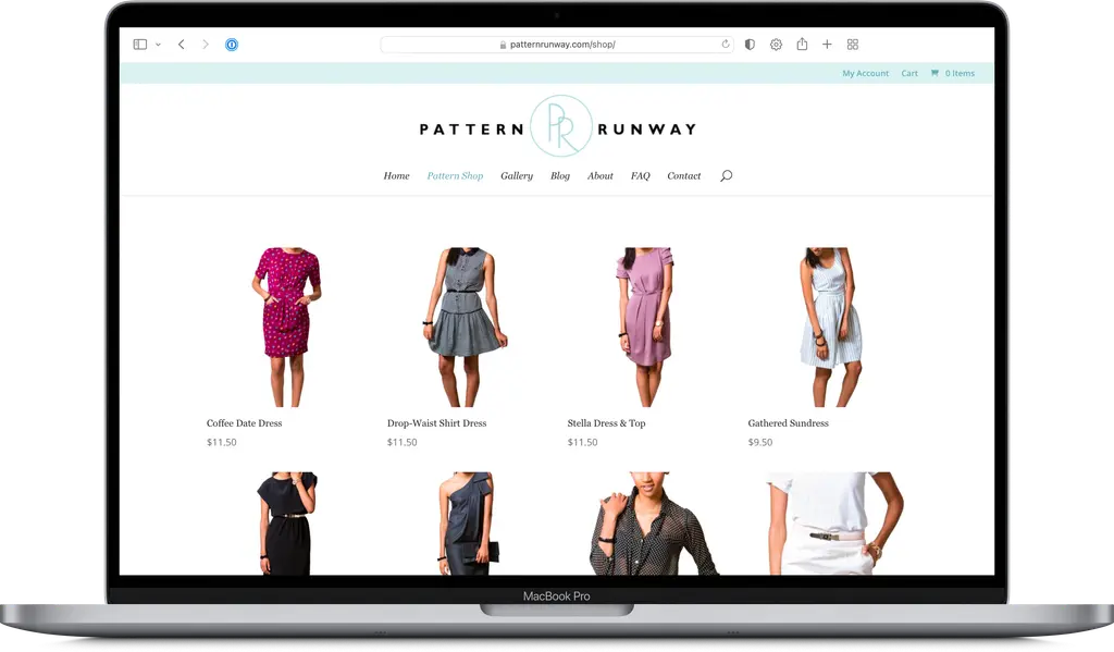 The former Pattern Runway sewing pattern shop displayed on a laptop.